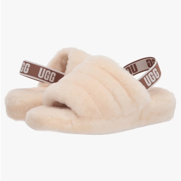 UGG Fluff Yeah Slide Sandals Sheepskin Fur Slingback Elastic Open Toe Natural - Picture 6 of 7